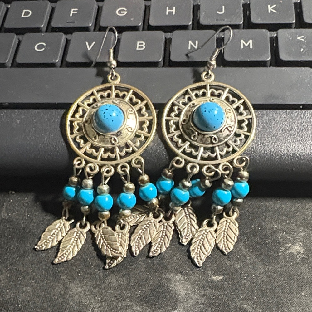 Source Unknown Gold and Turquoise Leaf Dangle Earrings